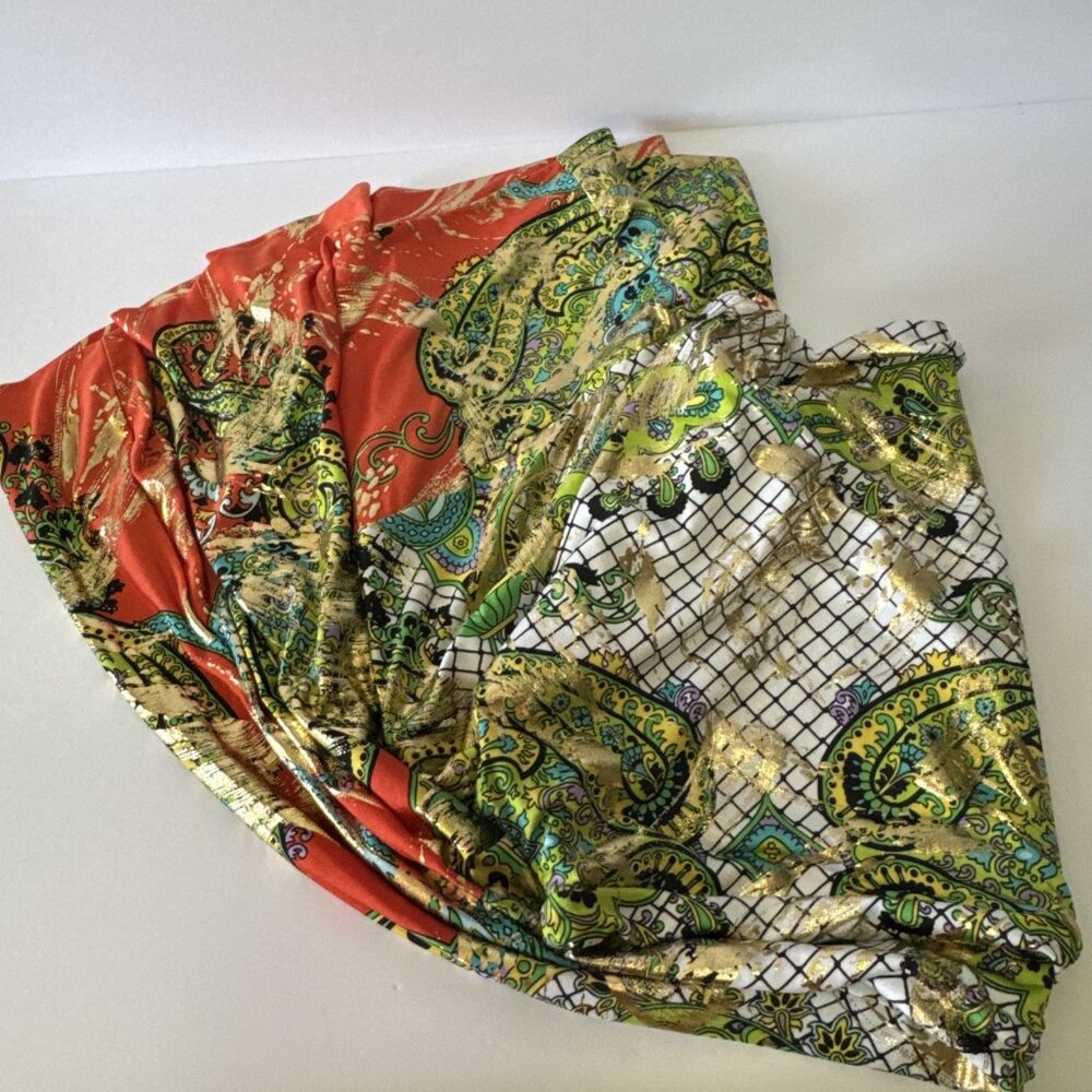 Women’s Flowy Palazzo Pants Sz L Multicolor And Gold Shiny Pull on Metallic - Picture 12 of 12
